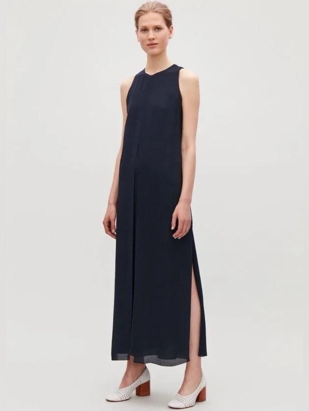 Cos Navy Sleeveless Maxi Dress Side Slit Minimalist Modern Size 6